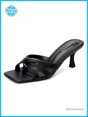 Kitten Heel Strappy Mule Sandal Square Open Toe Slip On Heeled